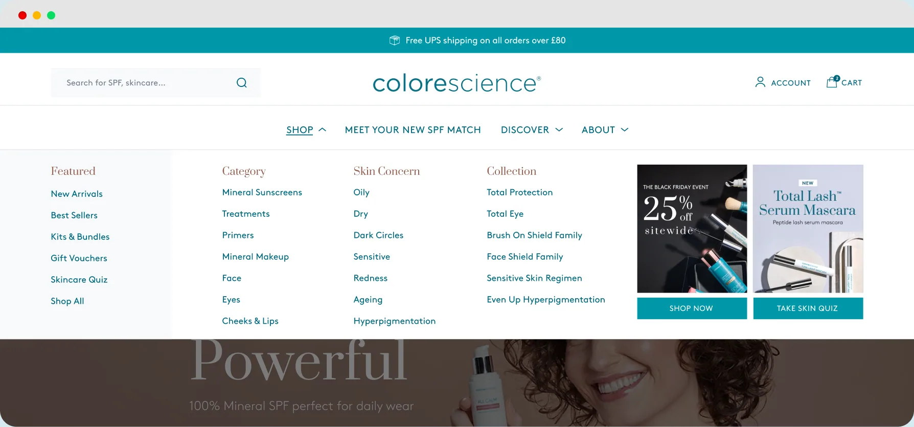 The new desktop header with the Shop mega menu open over the homepage
