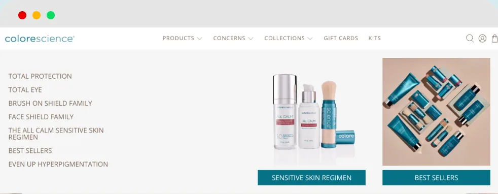 The old Colorescience UK header with its mega menu open