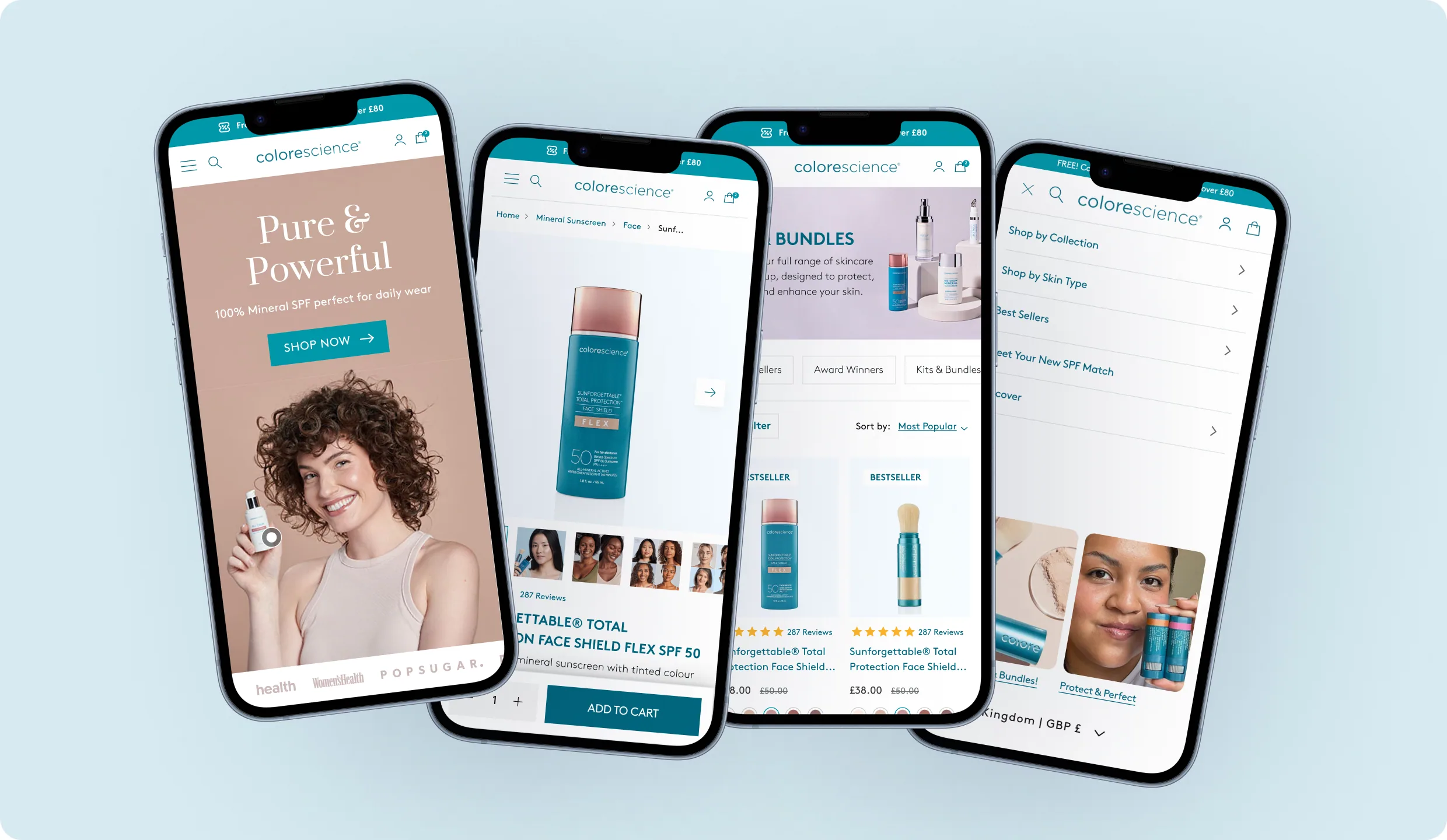 Four phones showing the new homepage, product page, collection page and menu