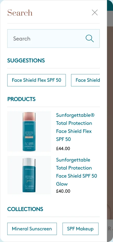 The mobile predictive search drawer with suggestions, products and collections