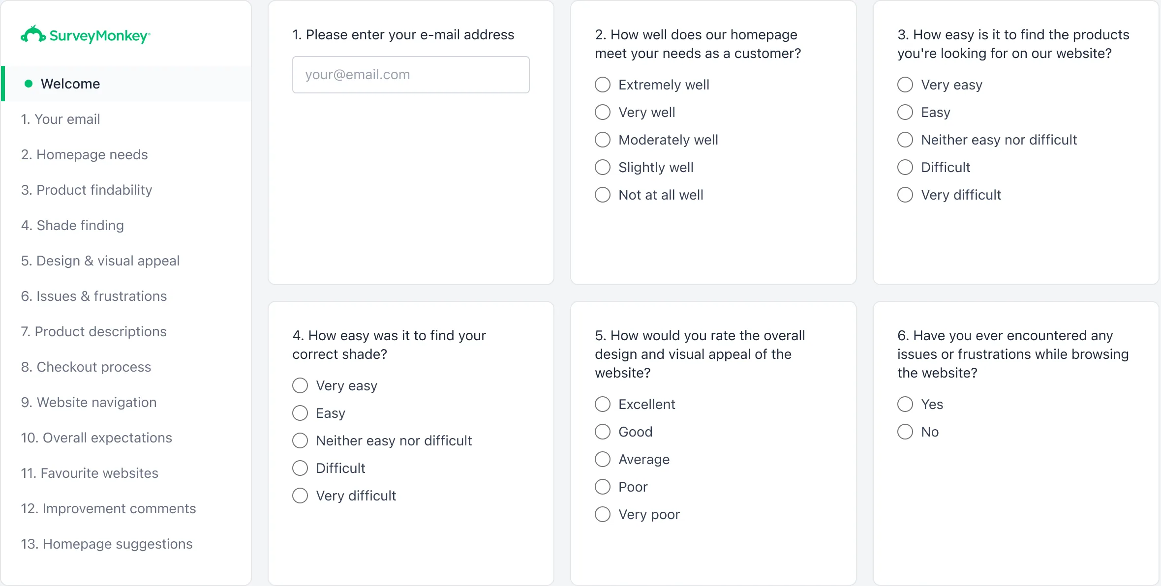The SurveyMonkey questionnaire: a sidebar of thirteen questions and the first six question cards