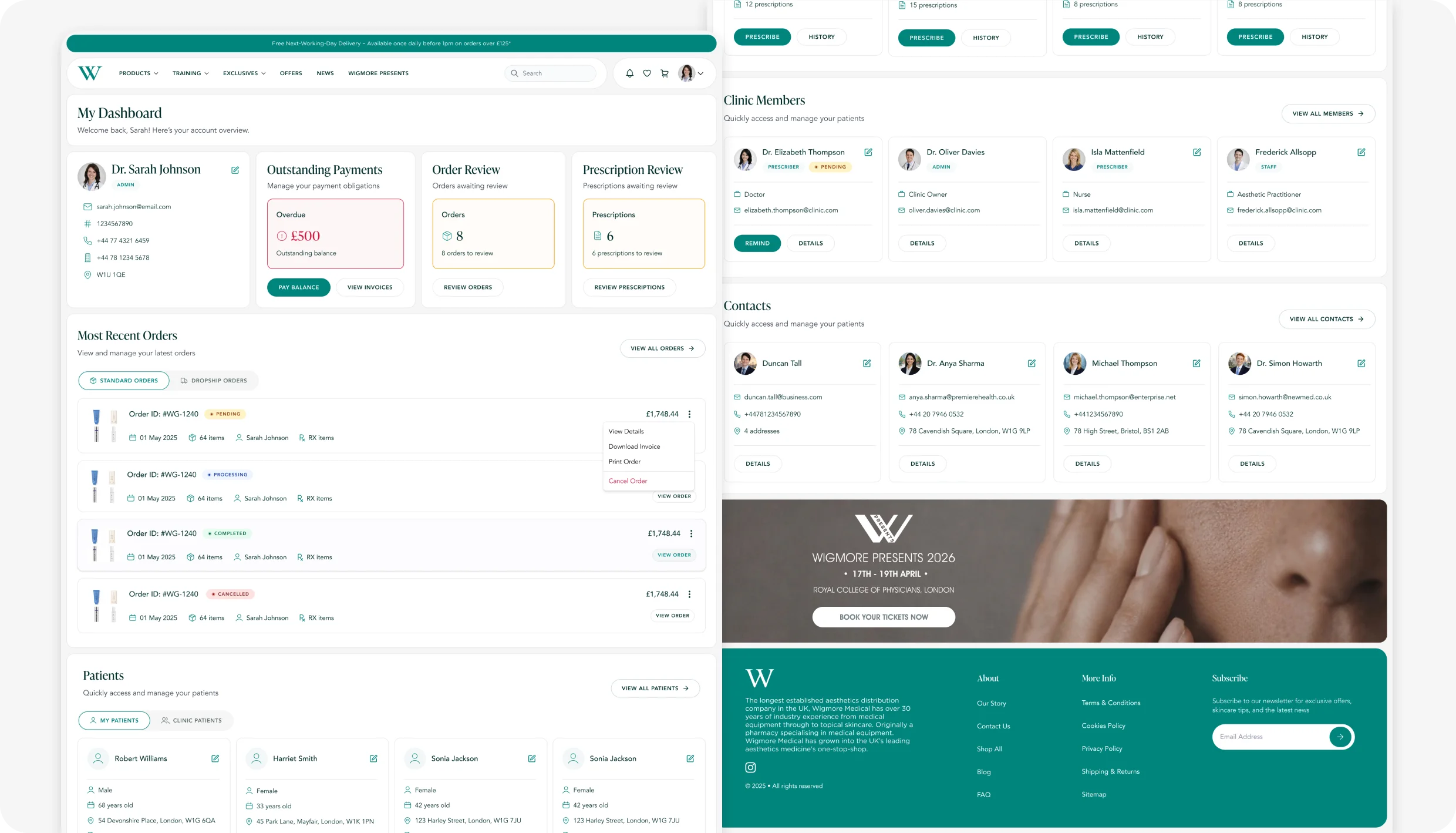 The Wigmore dashboard: account overview, recent orders, patients, clinic members and contacts