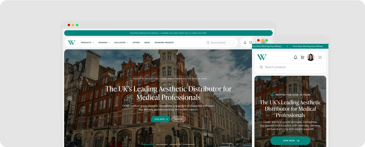 The redesigned Wigmore Medical platform on desktop and mobile