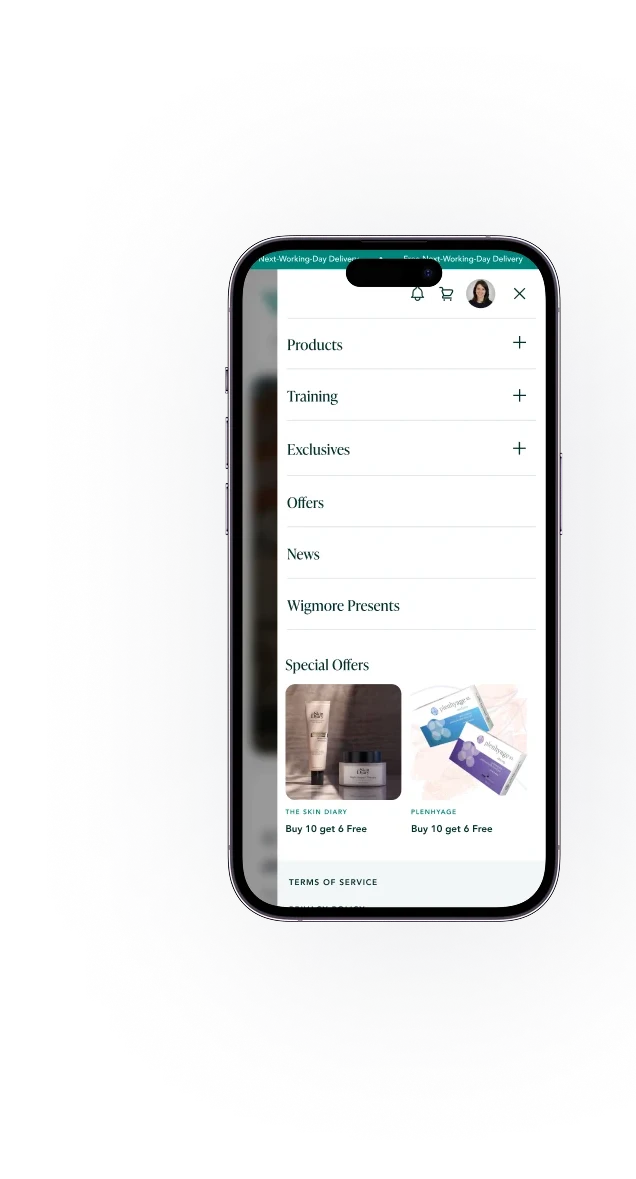 Wigmore product listing on mobile