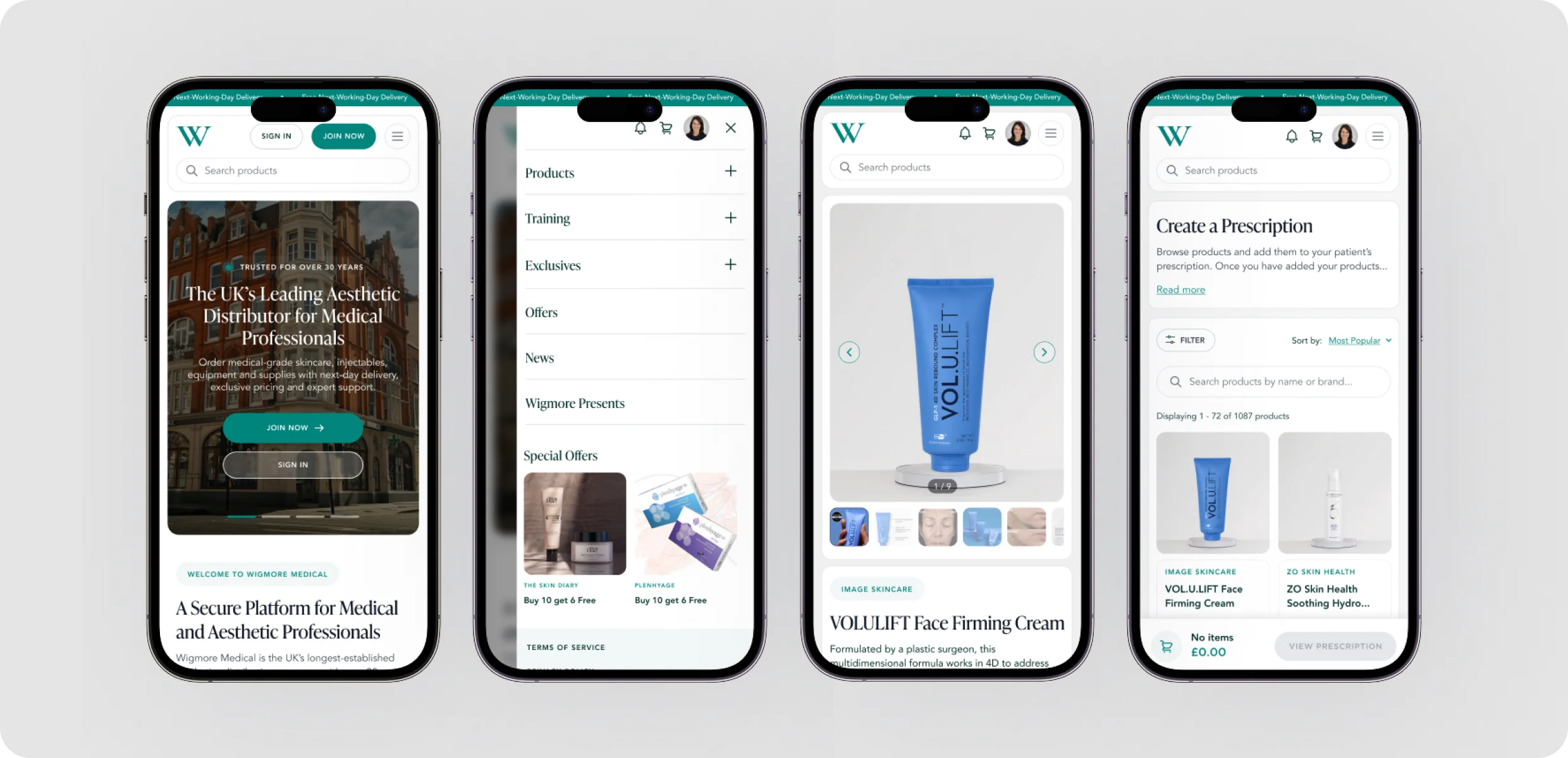Wigmore on mobile: homepage, navigation menu, product page and prescription builder