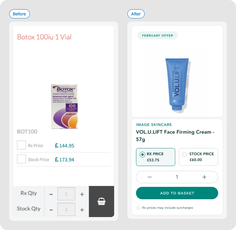 The old and redesigned Wigmore product cards